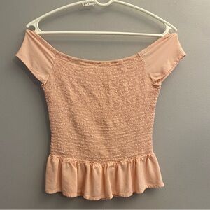 Candie’s Pale Peach Smocked Off The Shoulder Peplum Ruffled Hem Crop Top - Small